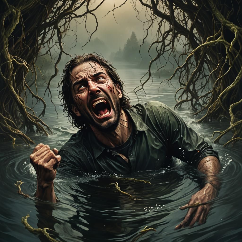 Desperate Man Drowning in Dark Lake: Matte Painting