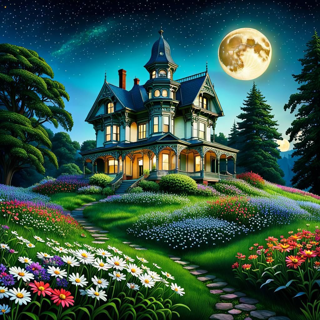 Ornate Victorian House Under Starry Moonlit Sky