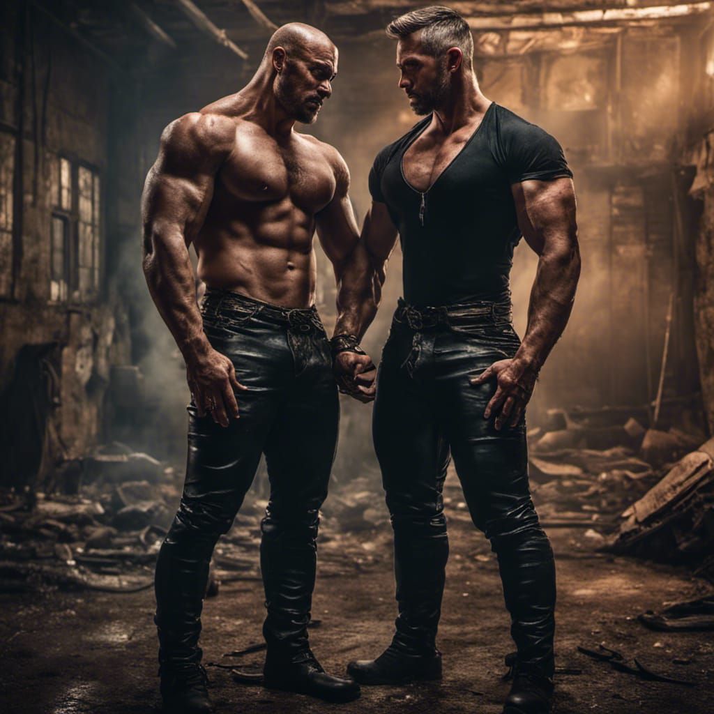 Muscular Men Embrace in Abandoned Basement: Detailed Matte P...