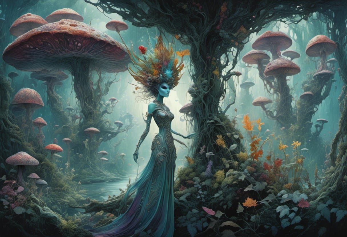 Alien Plant Queen in Surreal Forest, Watercolor Style