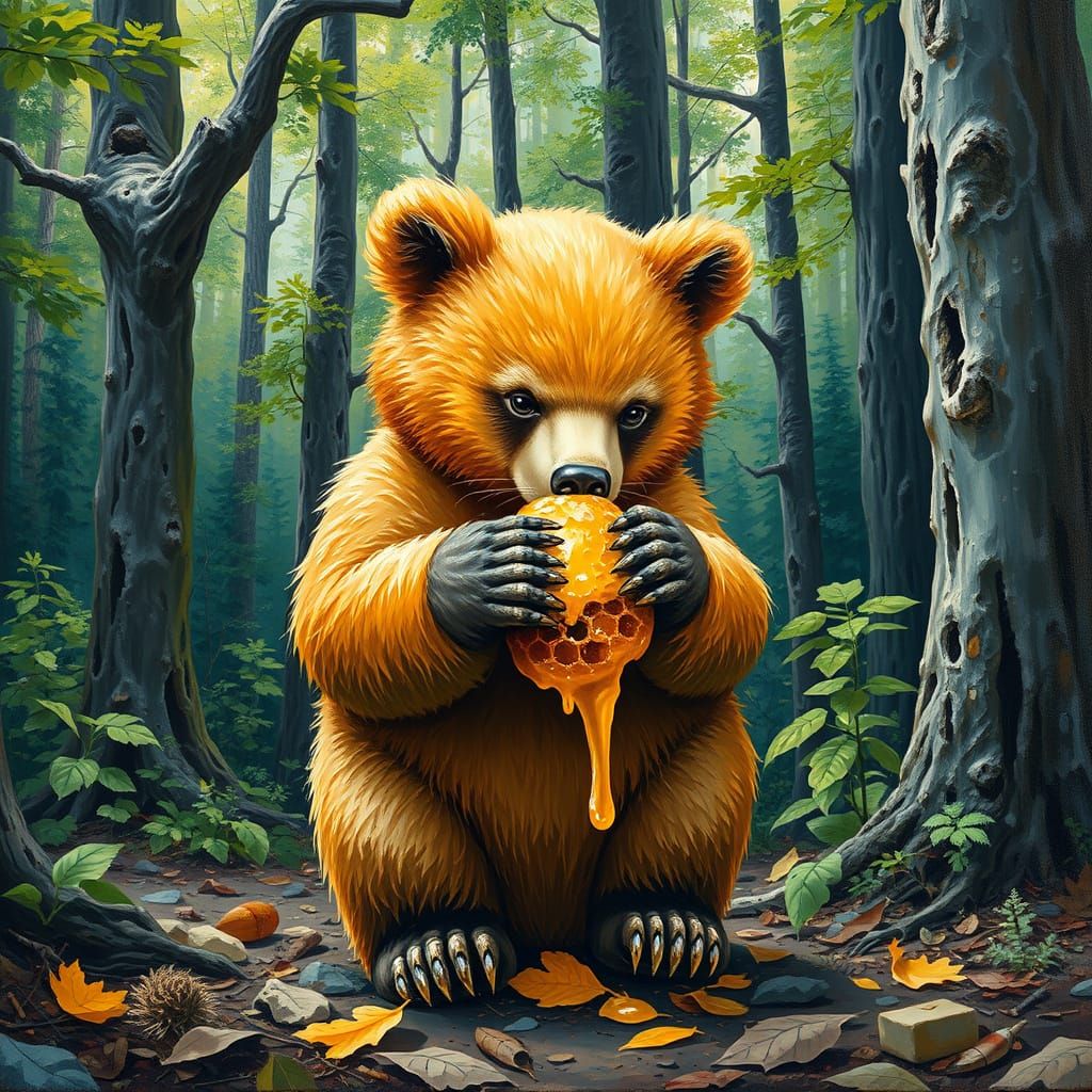 Surreal Bear in Forest with Honey, Impasto Painting
