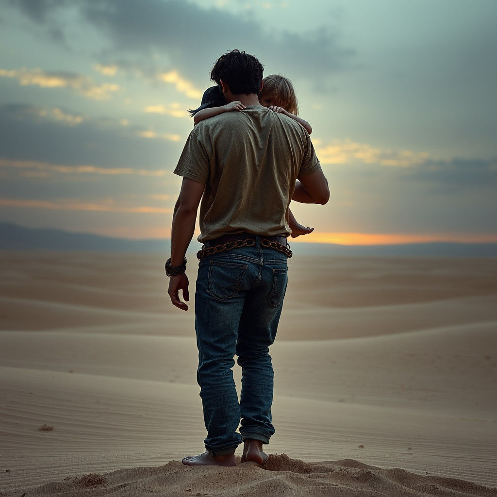 Melancholy Father's Burden in a Desert Landscape