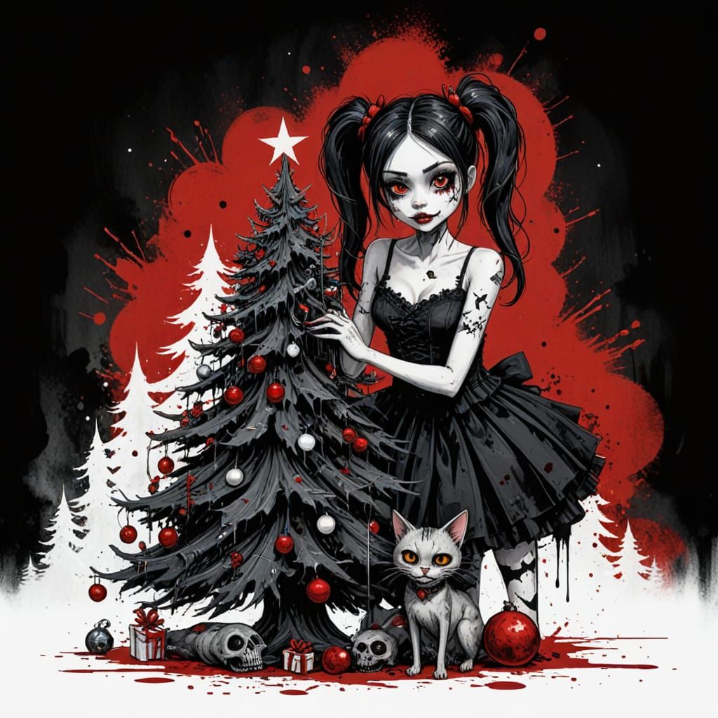 Gothic Girl Decorates Tree with Zombie Cat Minion