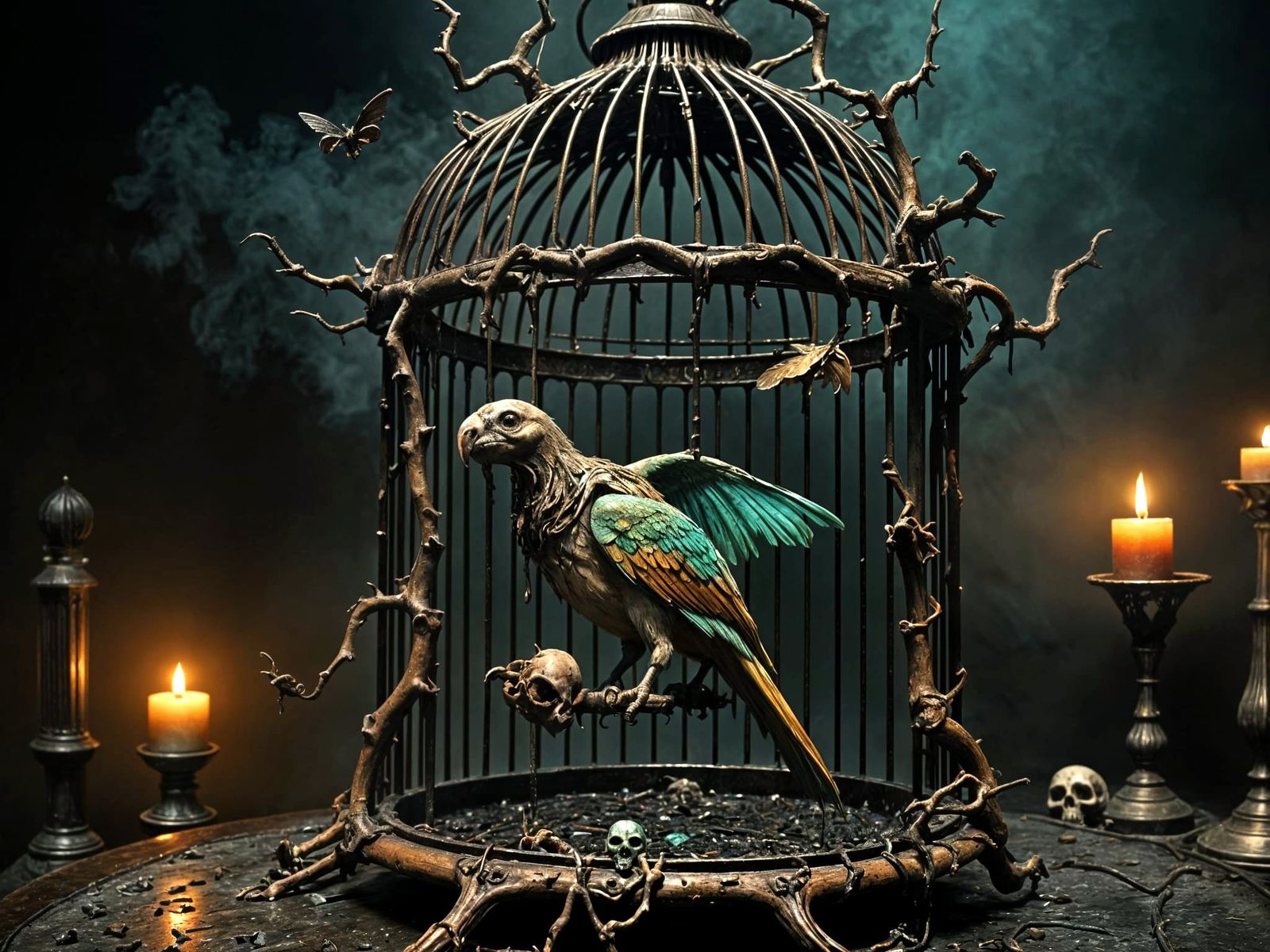 Macabre Zombie Bird in Bone Cage