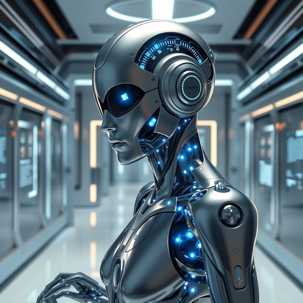 Sleek AI Entity Illuminates Futuristic Lab in Cyberpunk Aest...