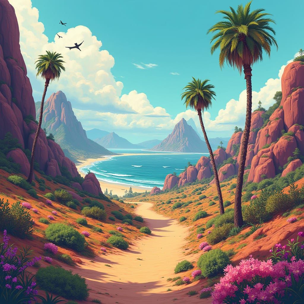 Surreal California Fantasy Landscapes in Vibrant, Hand-Drawn...