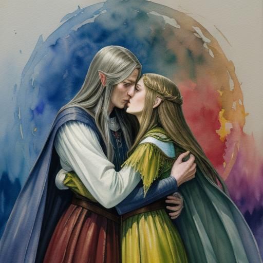 Galadriel and Dark Sauron Embrace as Gouache Painting