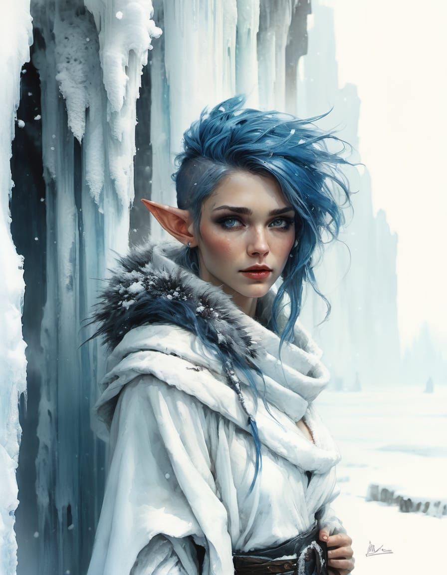 Winter Elf Woman in Silk Robe with Blue Mohawk