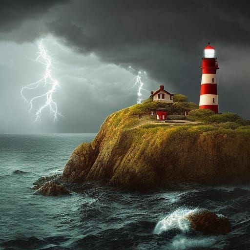 Lighthouse in Lightning Storm: Epic Digital Painting