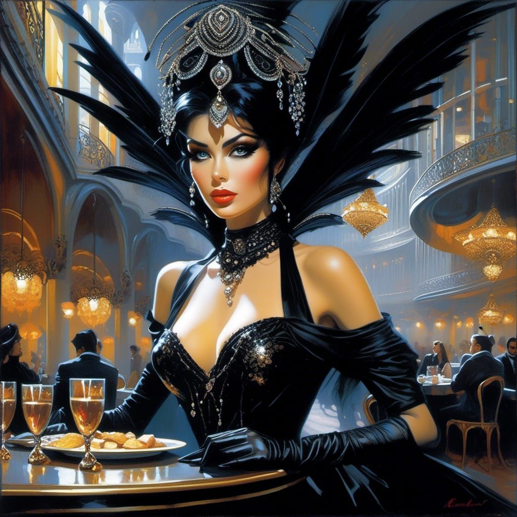 Glamorous Gothic Woman in Barcelona Cafe