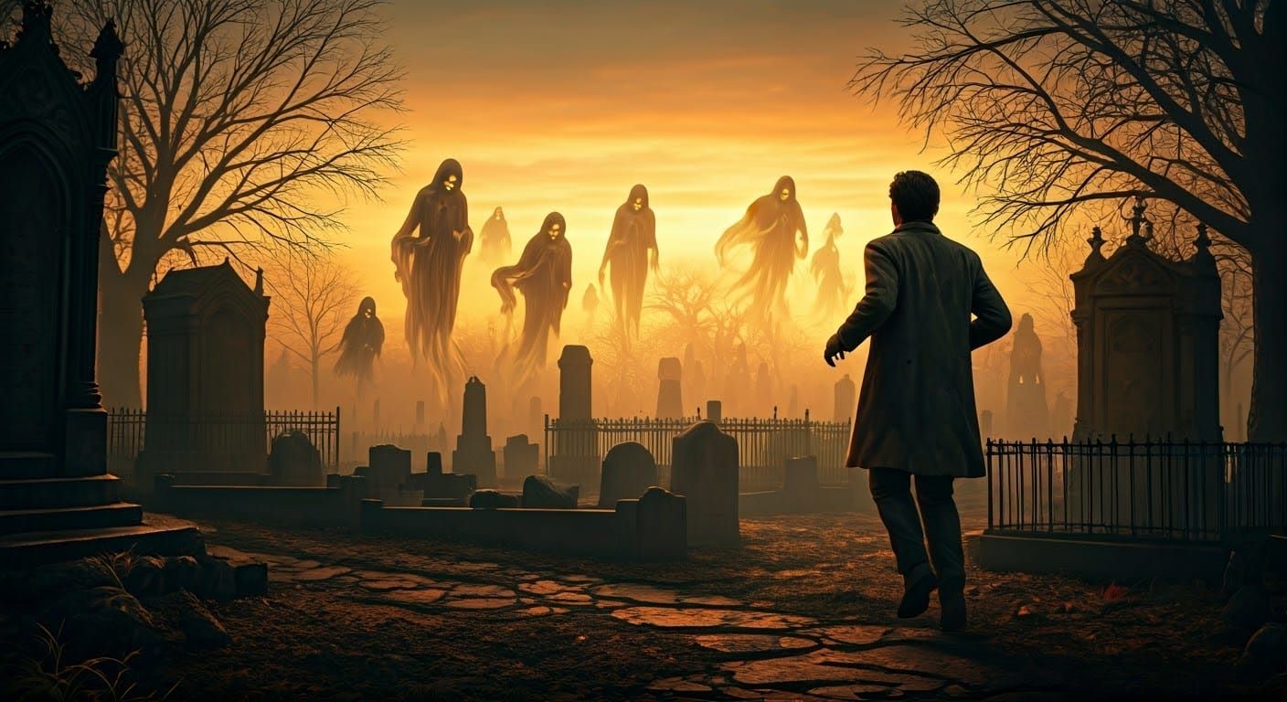 Ethereal Ghosts Chase Man Through Cemetery at Dusk