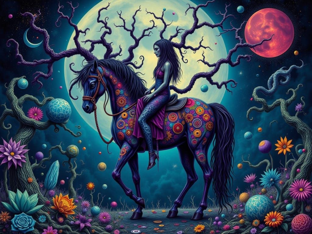 Goth Oracle Lady Rides Crimson Horse in Cosmic Forest