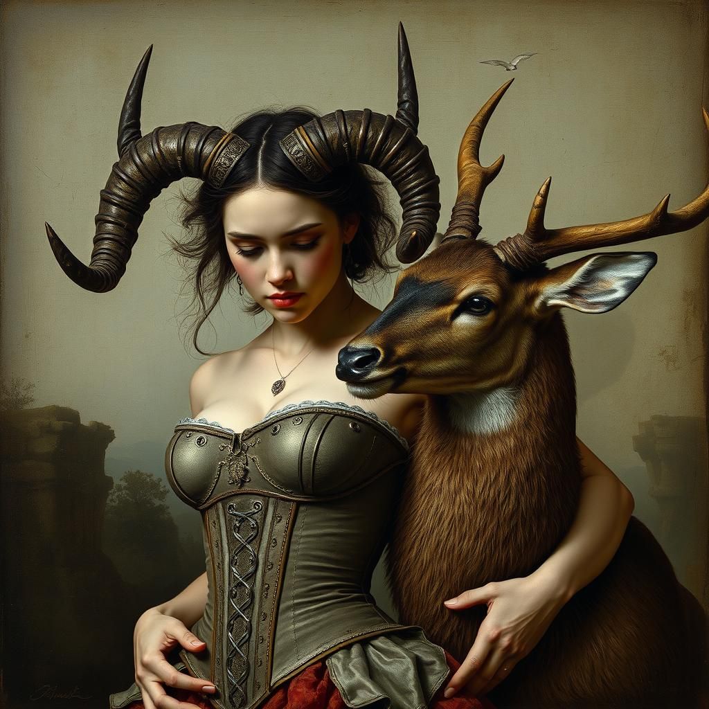 Woman with Horns Hugging Deer