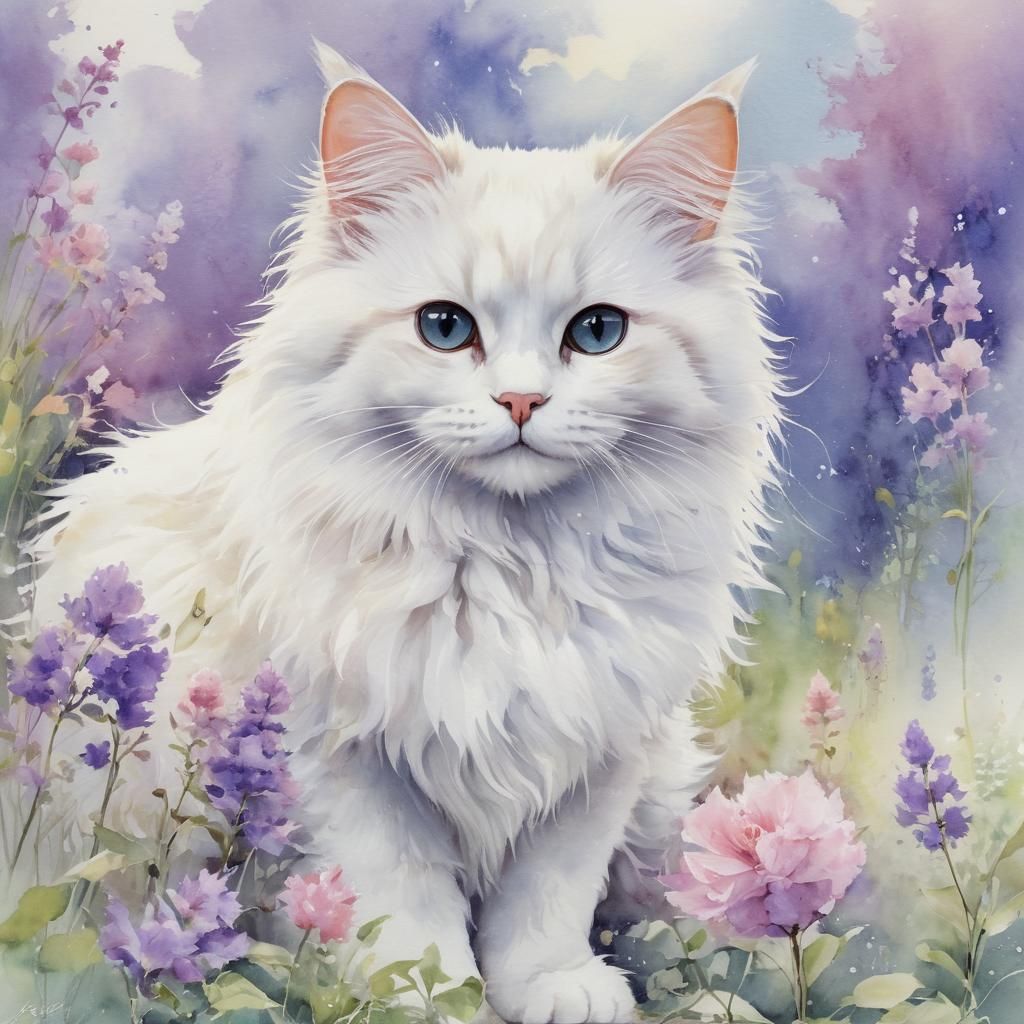 Whimsical Watercolor Feline Landscape in Vibrant Colors