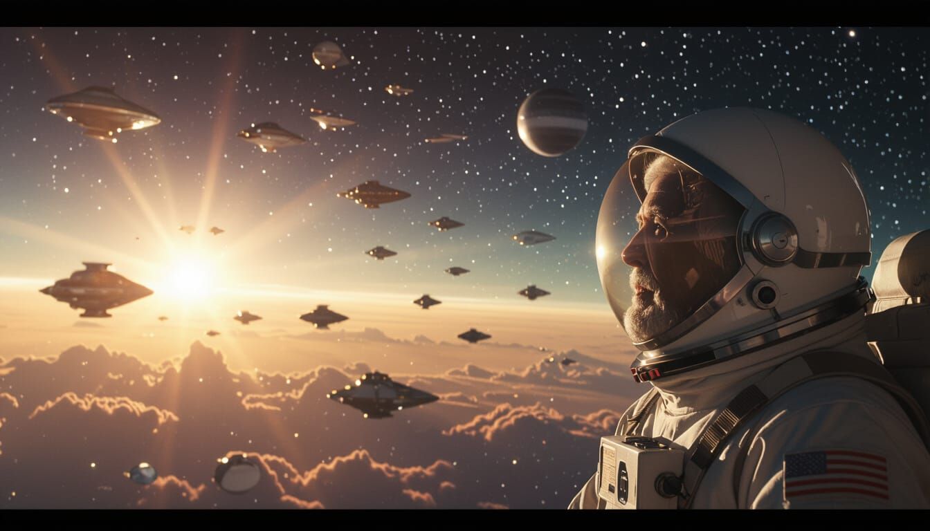 Sputnik Personified: An Astronaut Gazes at a Starfield