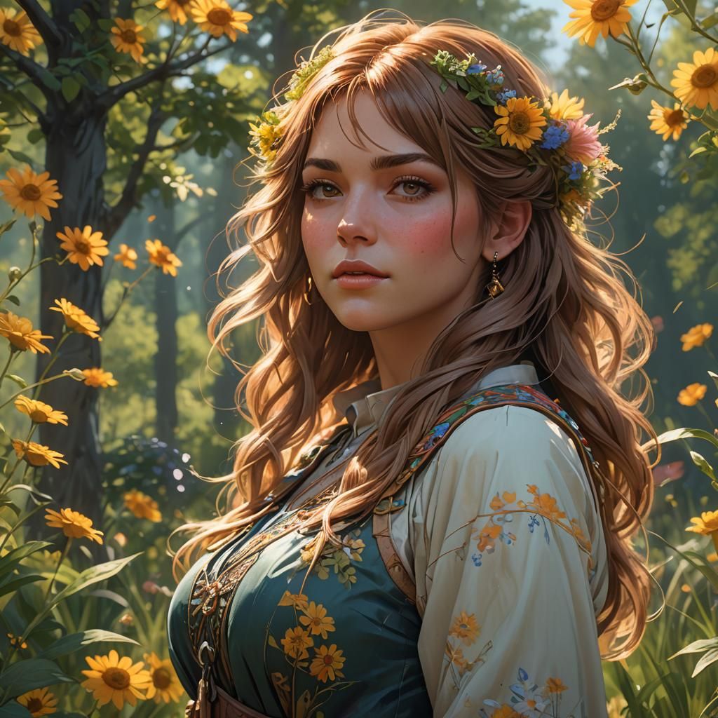 Model in Sunny Meadow: Hyperdetailed Portrait