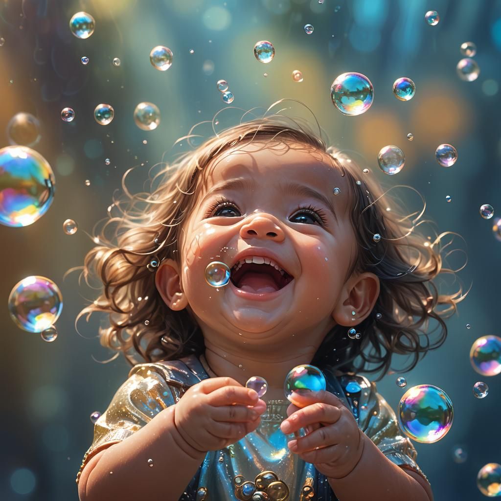 Laughing Baby Pops Bubbles: Hyperrealistic Concept Art