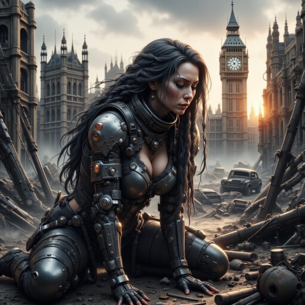 Cyborg Pilot Amidst Post-Apocalyptic London Ruins