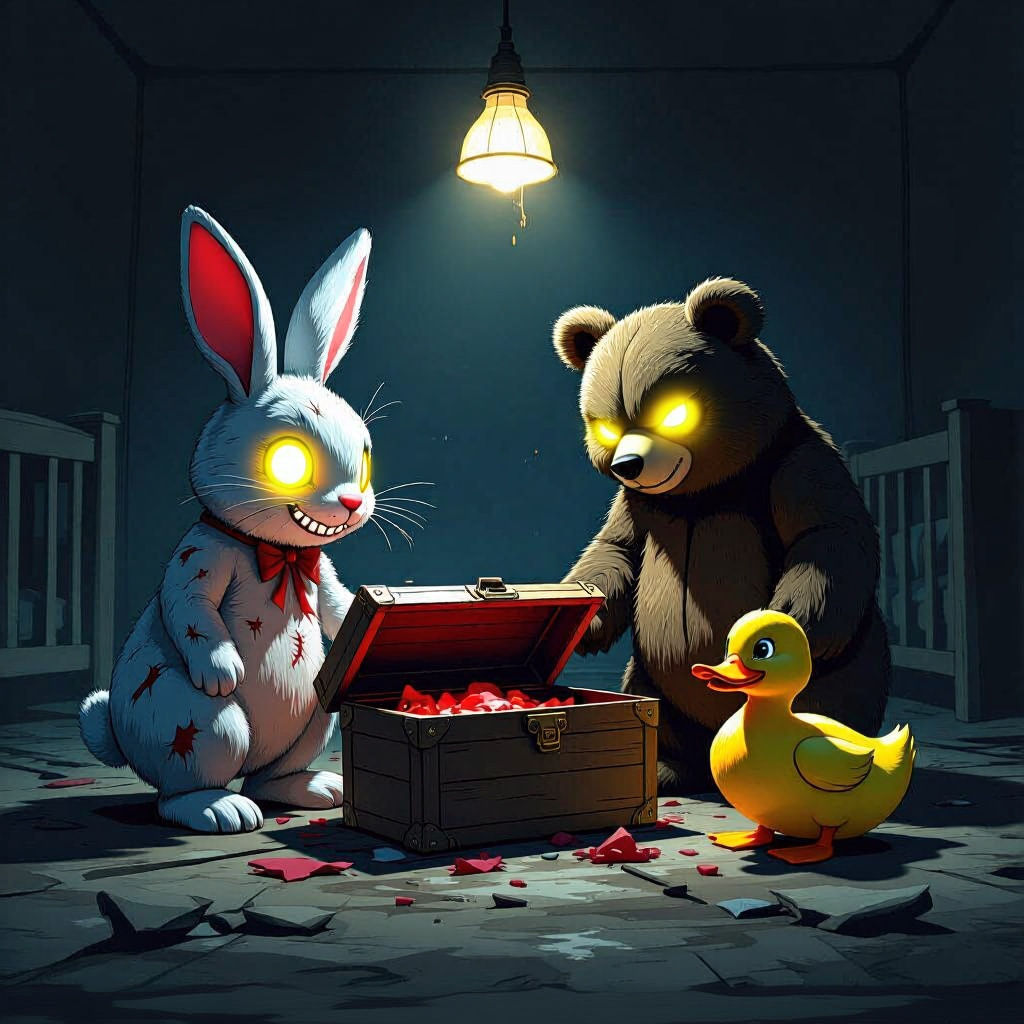 Creepy Plush Toys with Glowing Eyes in Abandoned Nursery