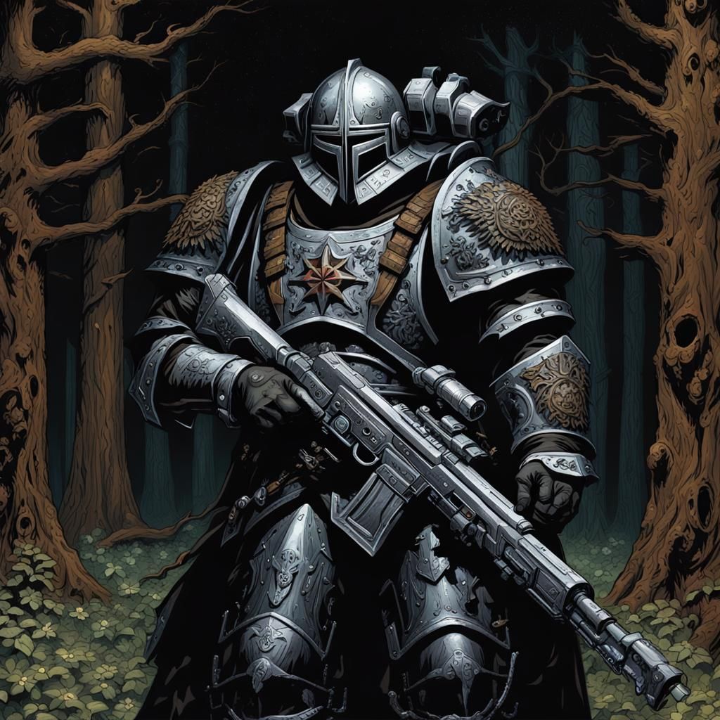 Grimdark Warhammer Knight in Eerie Forest