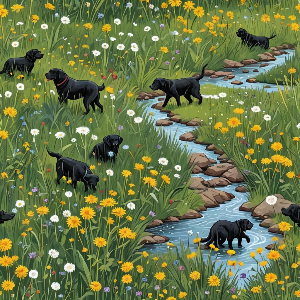 Black Labrador in Dandelion Meadow with Rainbow