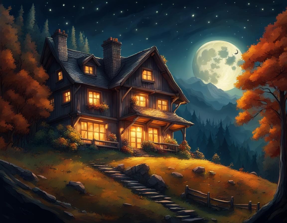 House on Hill Under Moonlight