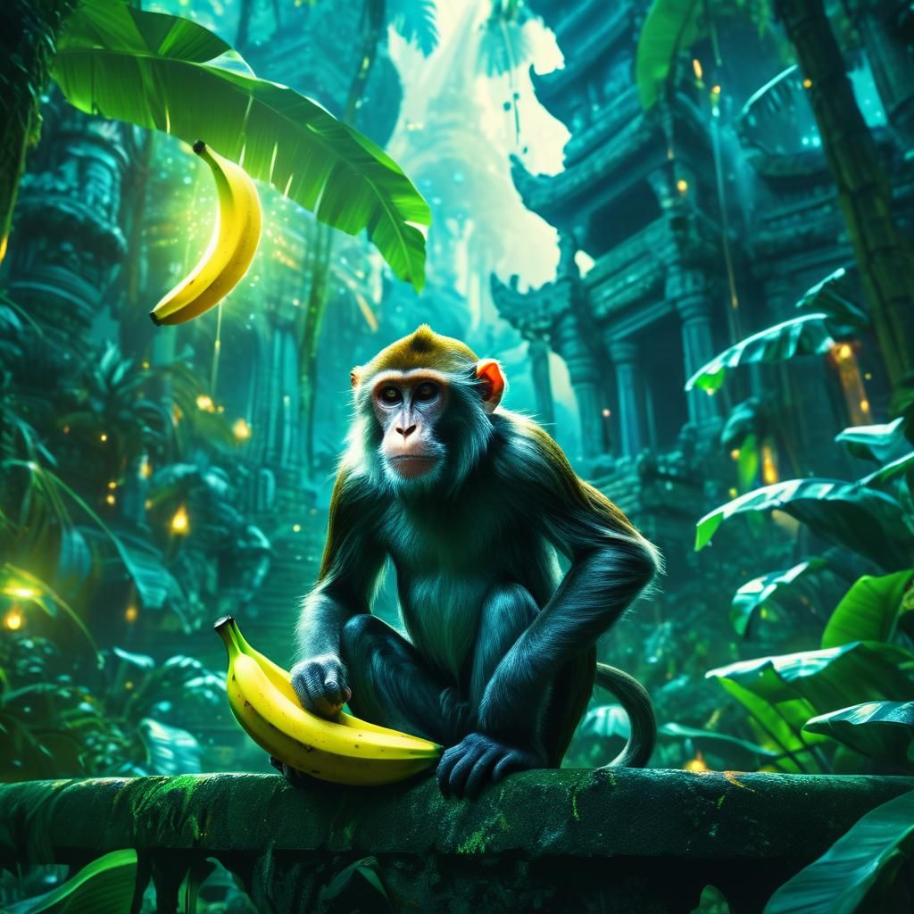 Majestic Monkey with Glowing Banana in Jungle Temple