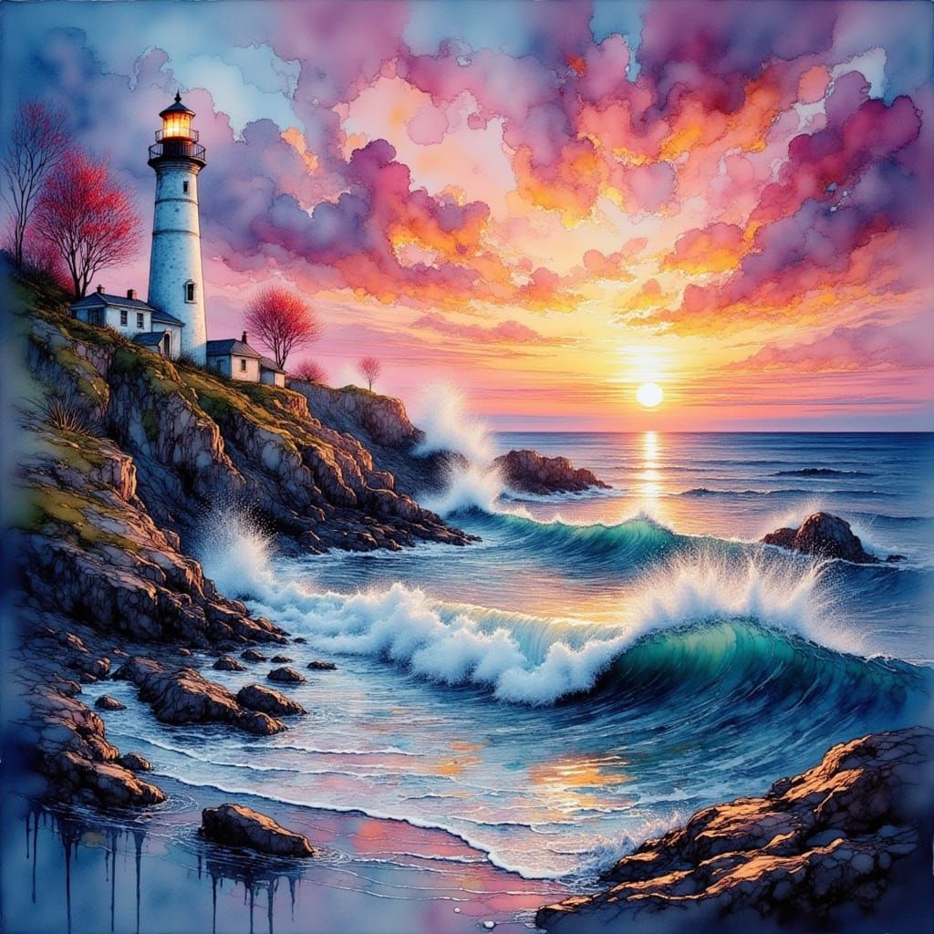 Lighthouse Amidst Crashing Waves in Expressive Brushstrokes