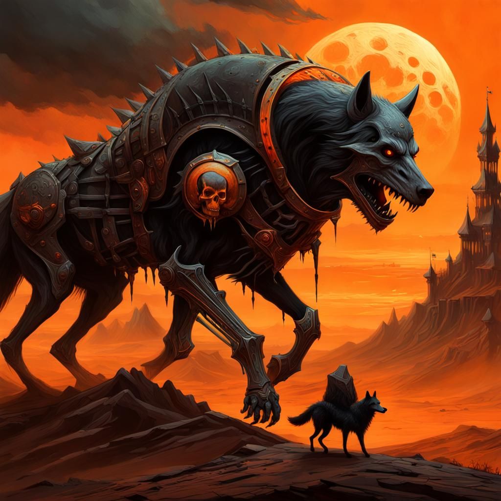 Reaper on Armored Wolf in Gothic Landscape
