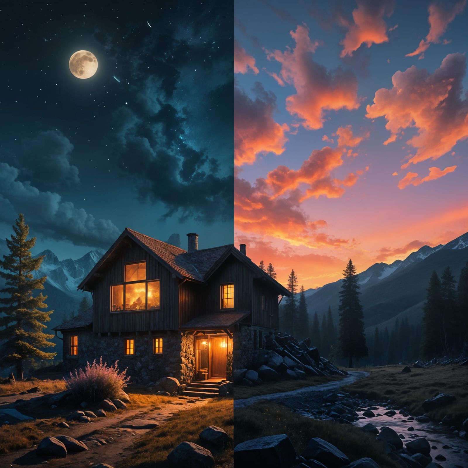 Cabin at Night and Sunrise: Landscape Painting
