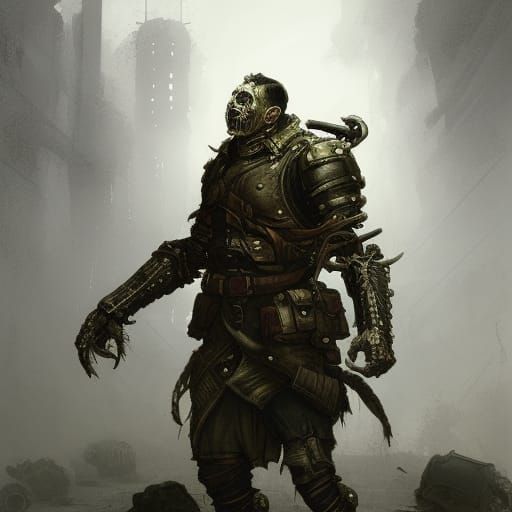 Dieselpunk Soldier Body Horror in Dark Fantasy Style