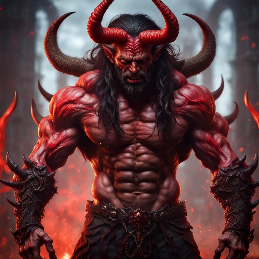 Hyperrealistic Muscular Demon with Red Horns