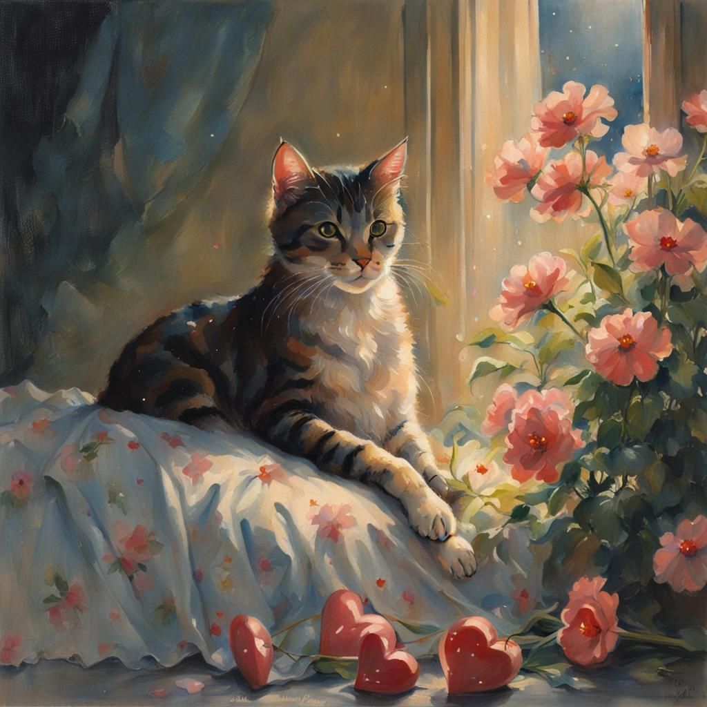 Cute Cat with Flowers in Realistic Style
