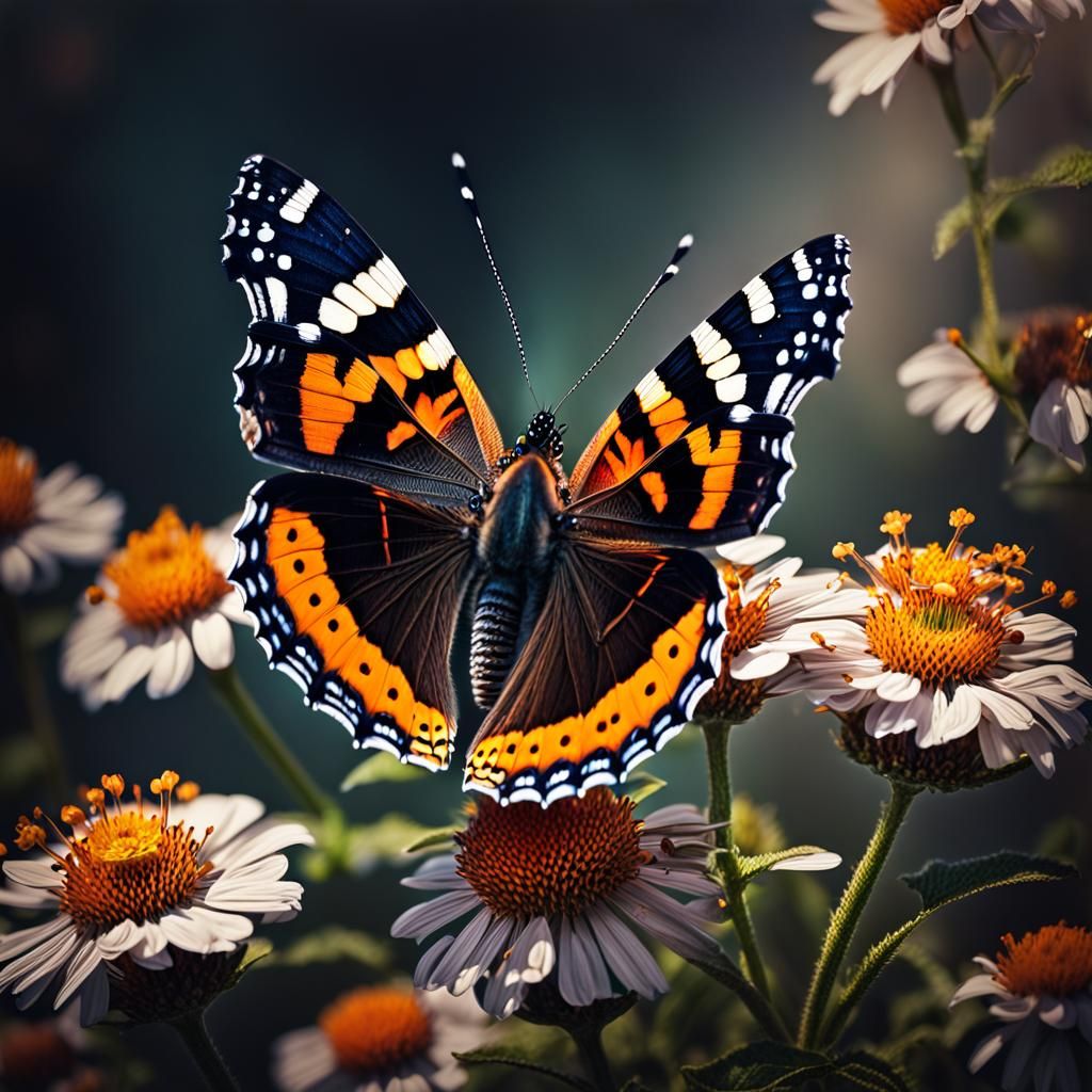 Red Admiral Butterfly Pollinating Flower: Digital Matte Pain...