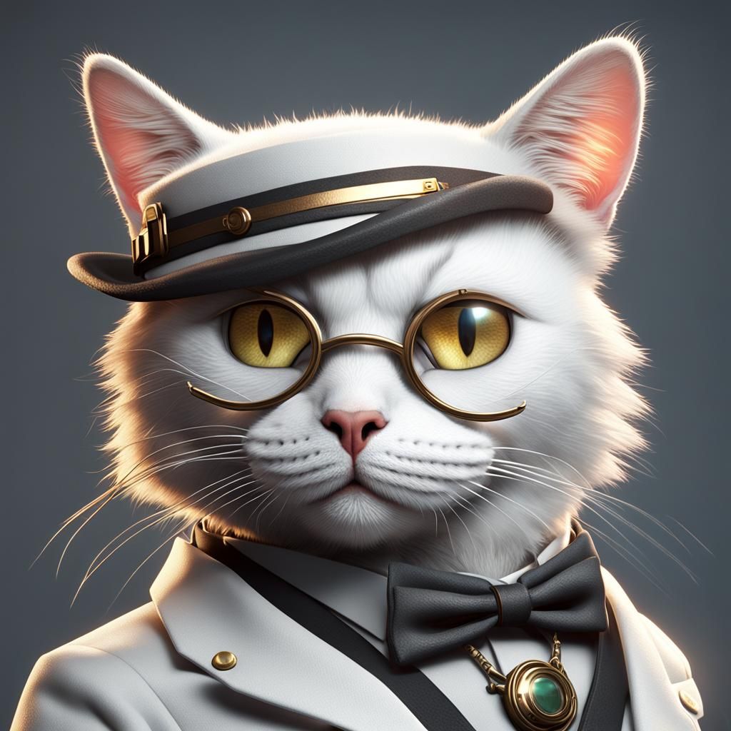 Arrogant White Cat with Monocle: 3D Render