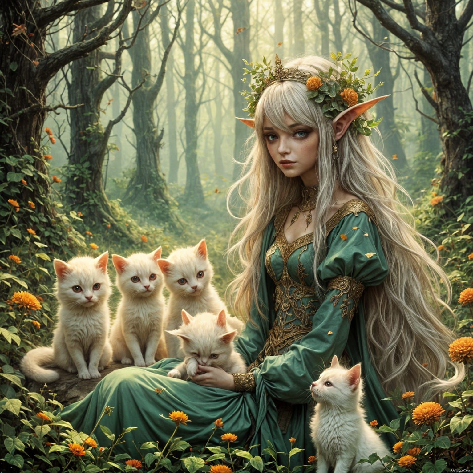 Beautiful Elven Girl Plays with Kittens in Fantasy Realm
