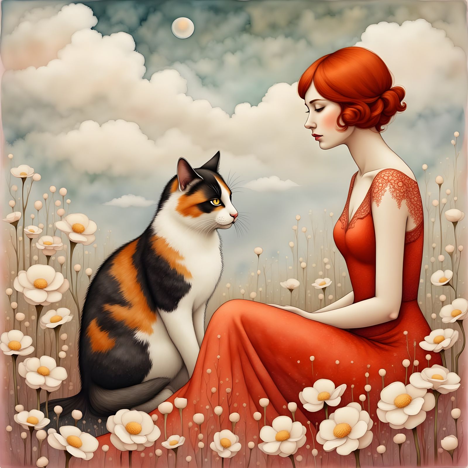 Ethereal Young Woman and Majestic Cat in Whimsical Art Nouve...