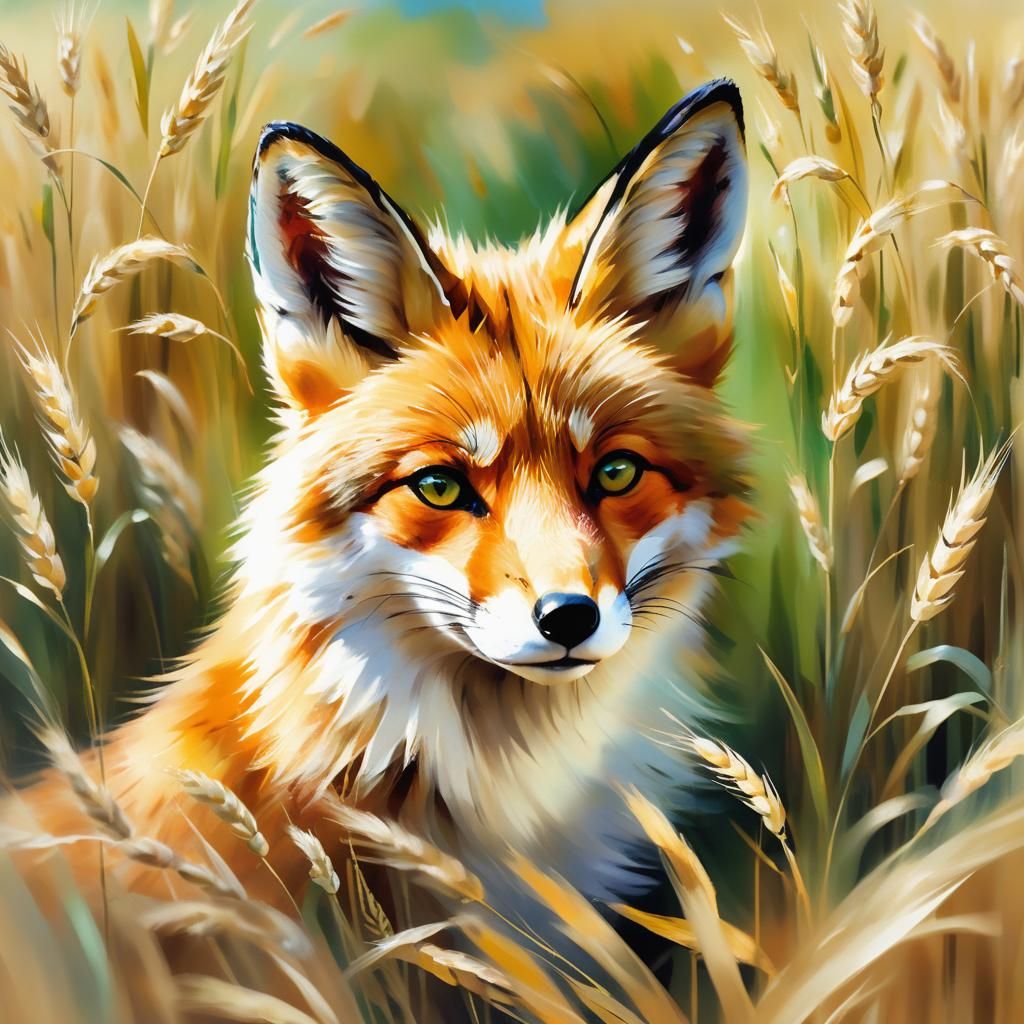 Fox in Wheat Field: Whimsical Oil Painting