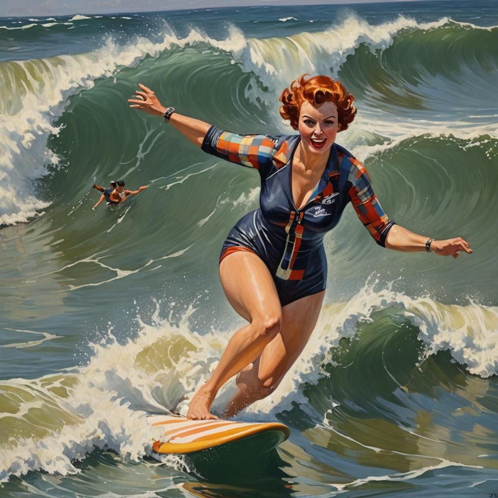 1950s Surfer Girl on Wave, Oil Painting