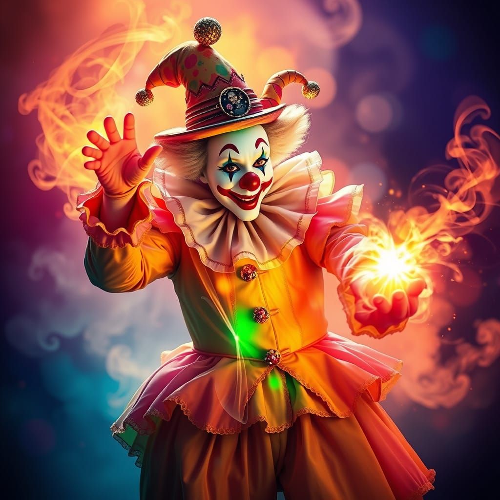 Magical Clown with Glowing Powers in Ethereal Costume