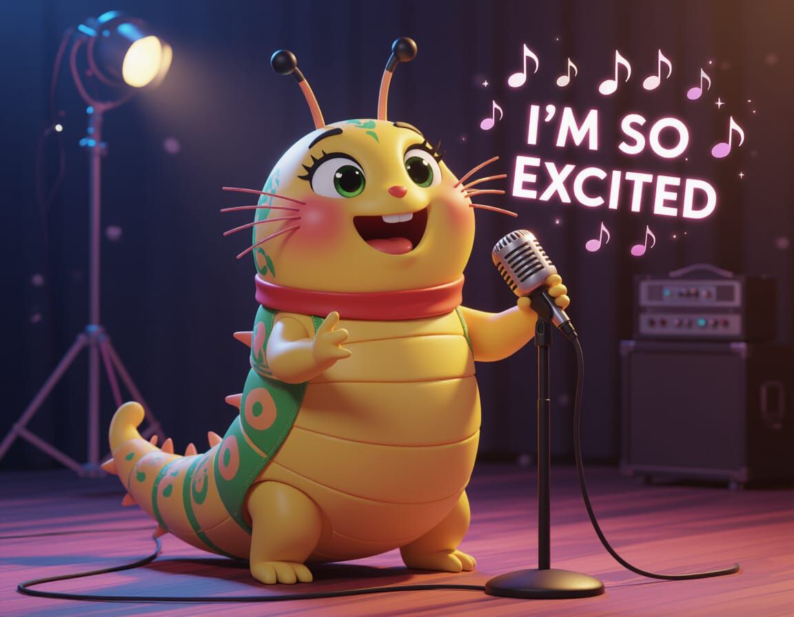 Singing Caterpillar in 3D Anime Art Style