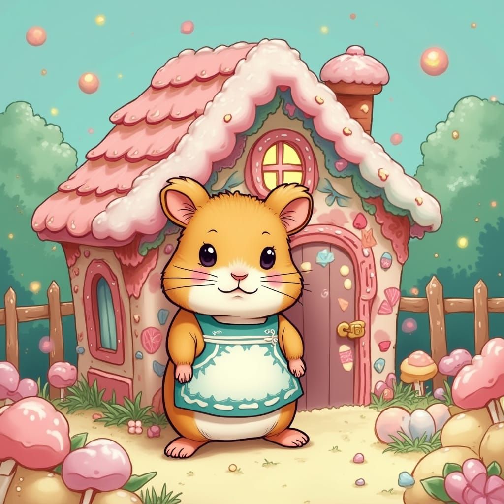 Hamster in Candy House: Whimsical Digital Art