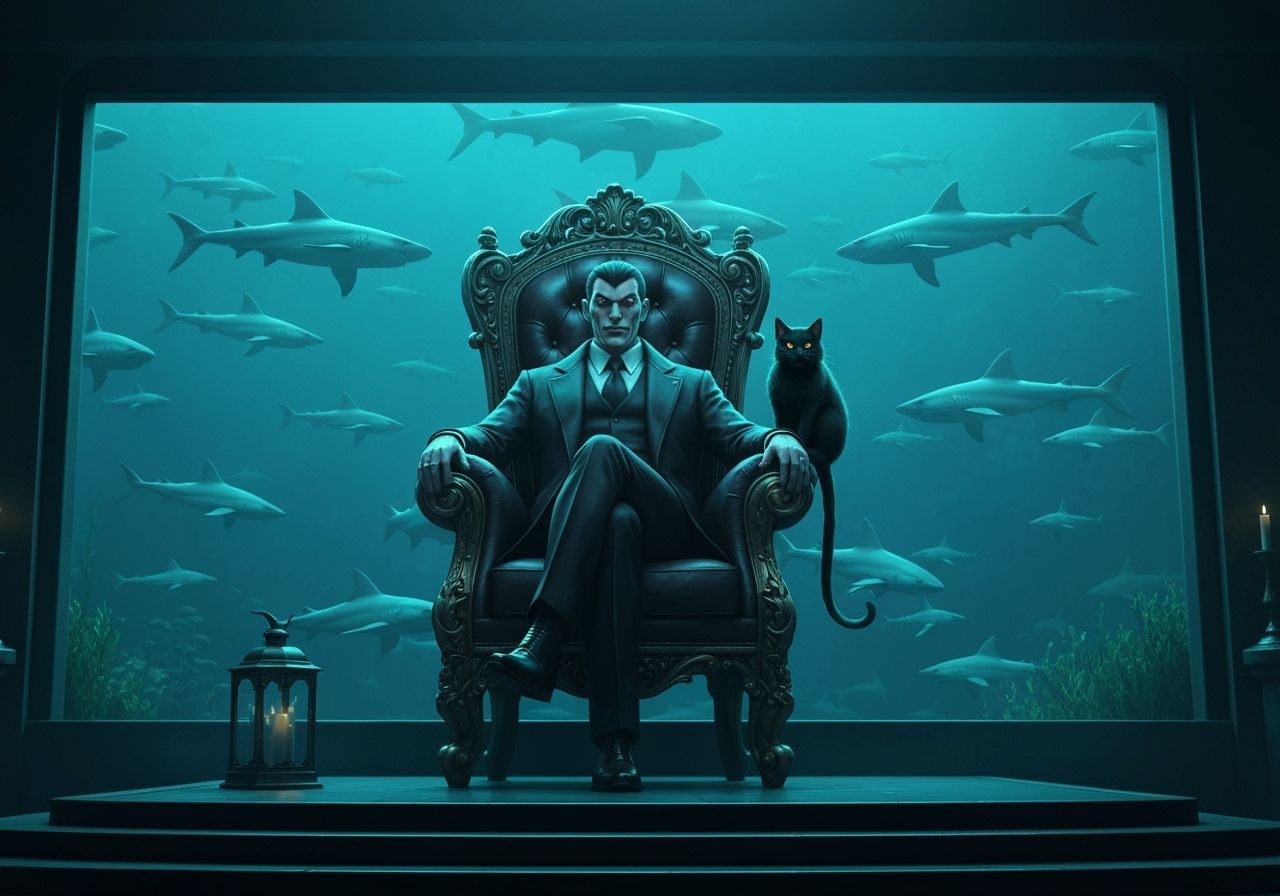 Supervillain Lair With Sharks And Black Cat