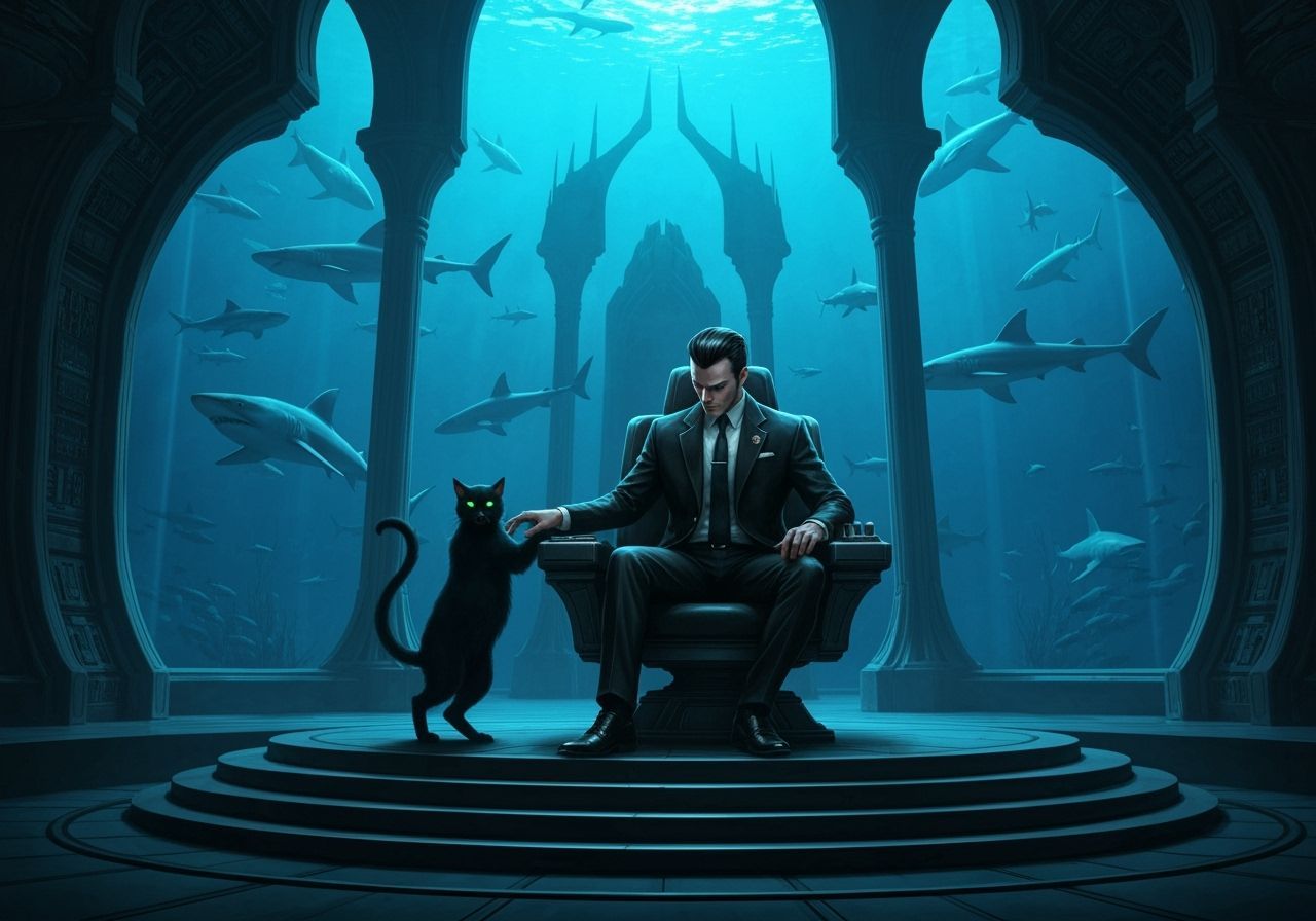 Supervillain Lair with Sharks and Shadowy Cat