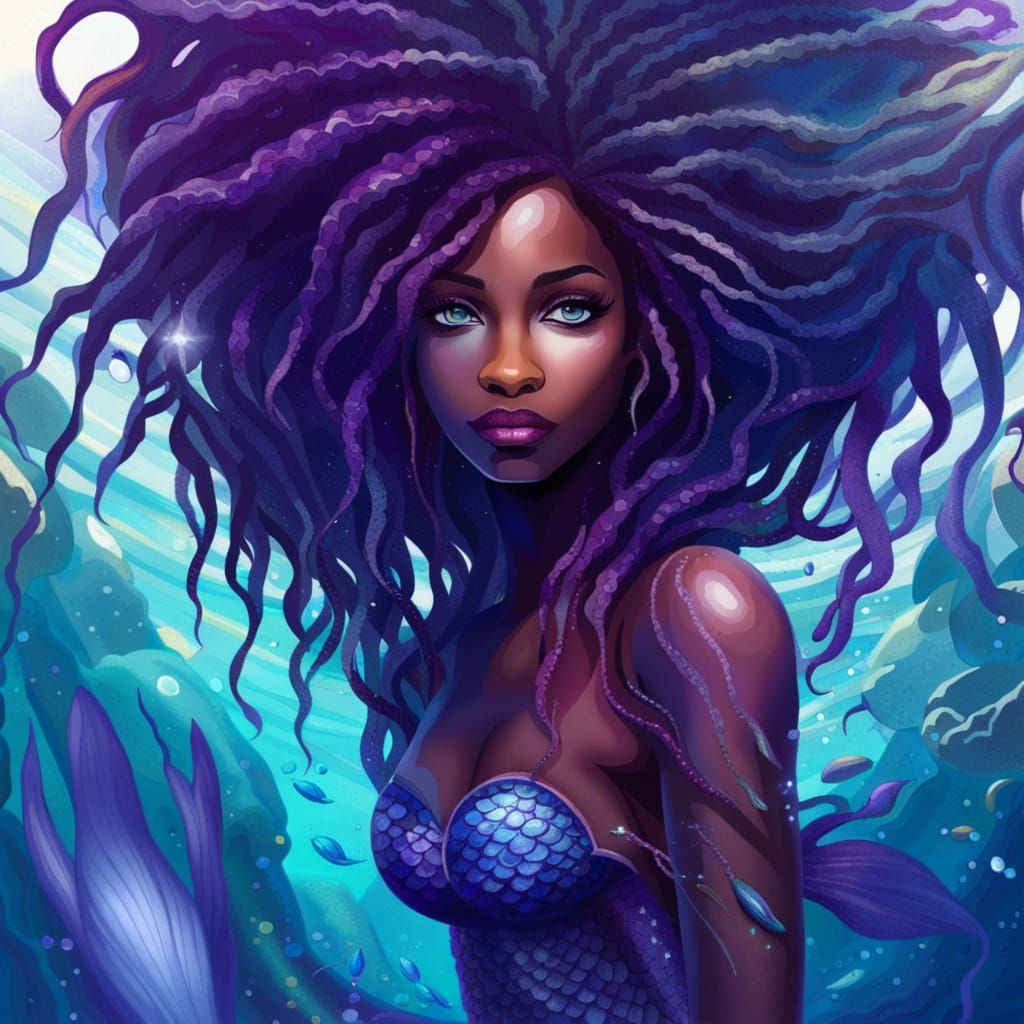 Gorgeous Black Mermaid with Purple Scales Undersea
