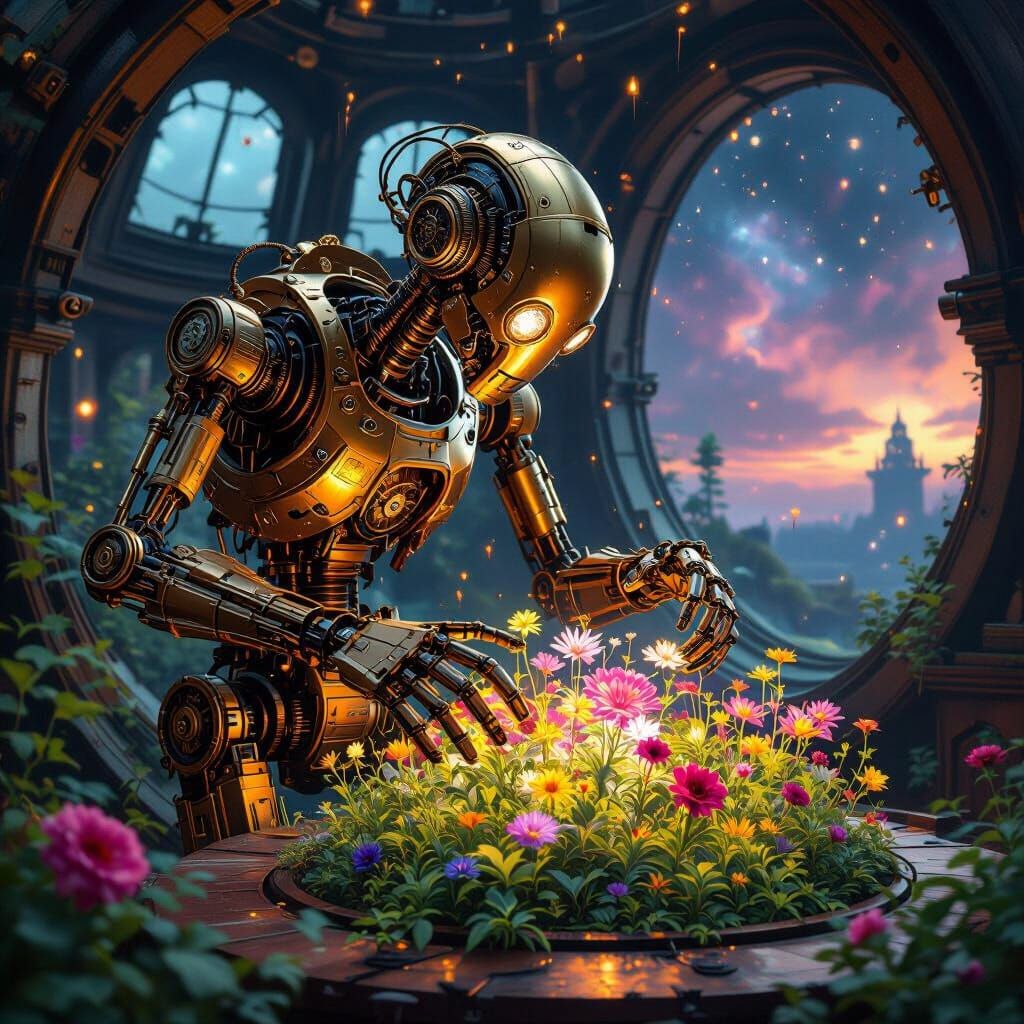 Steampunk Automaton Tends Glowing Garden in Observatory