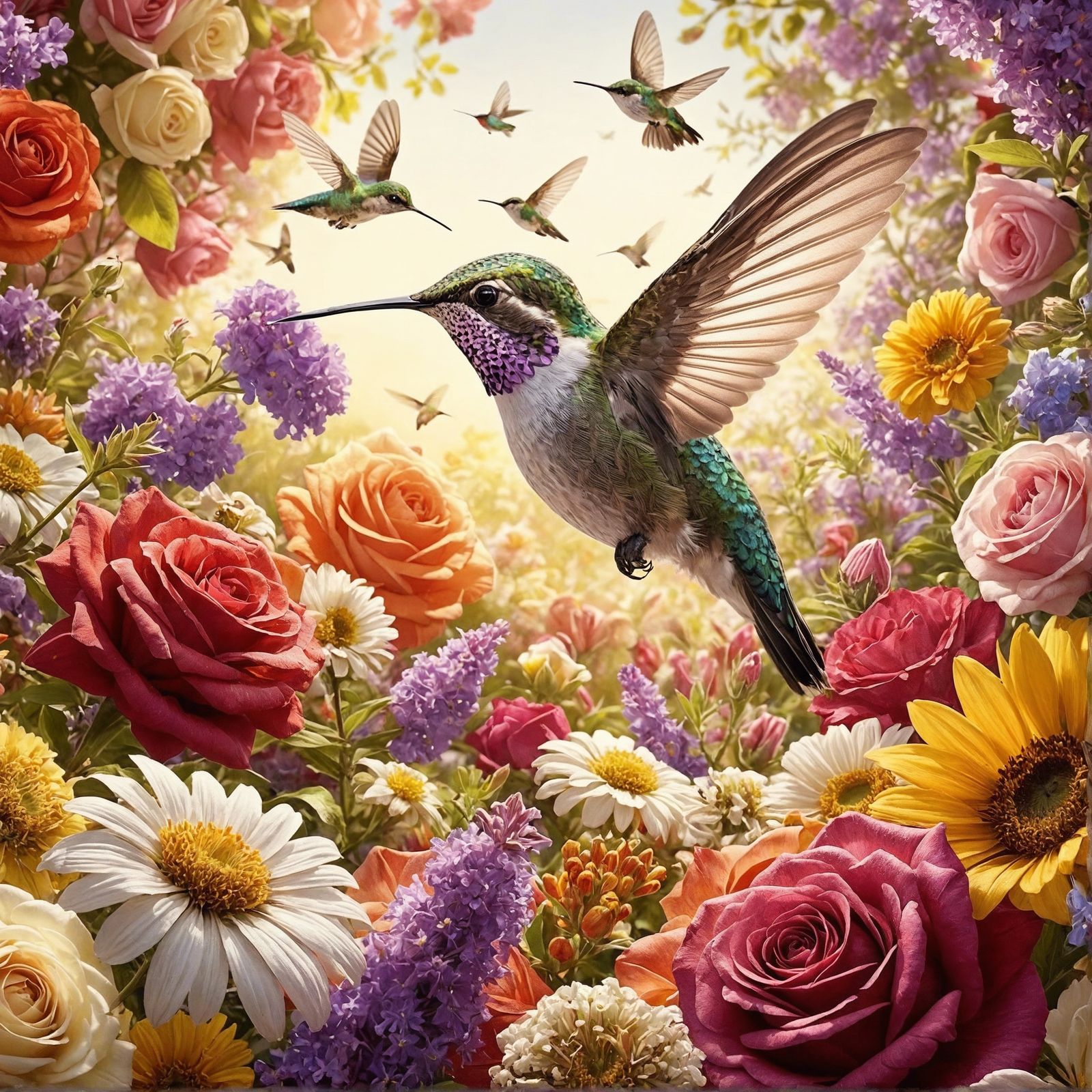 Hummingbird Sipping Nectar Among Blooming Flowers