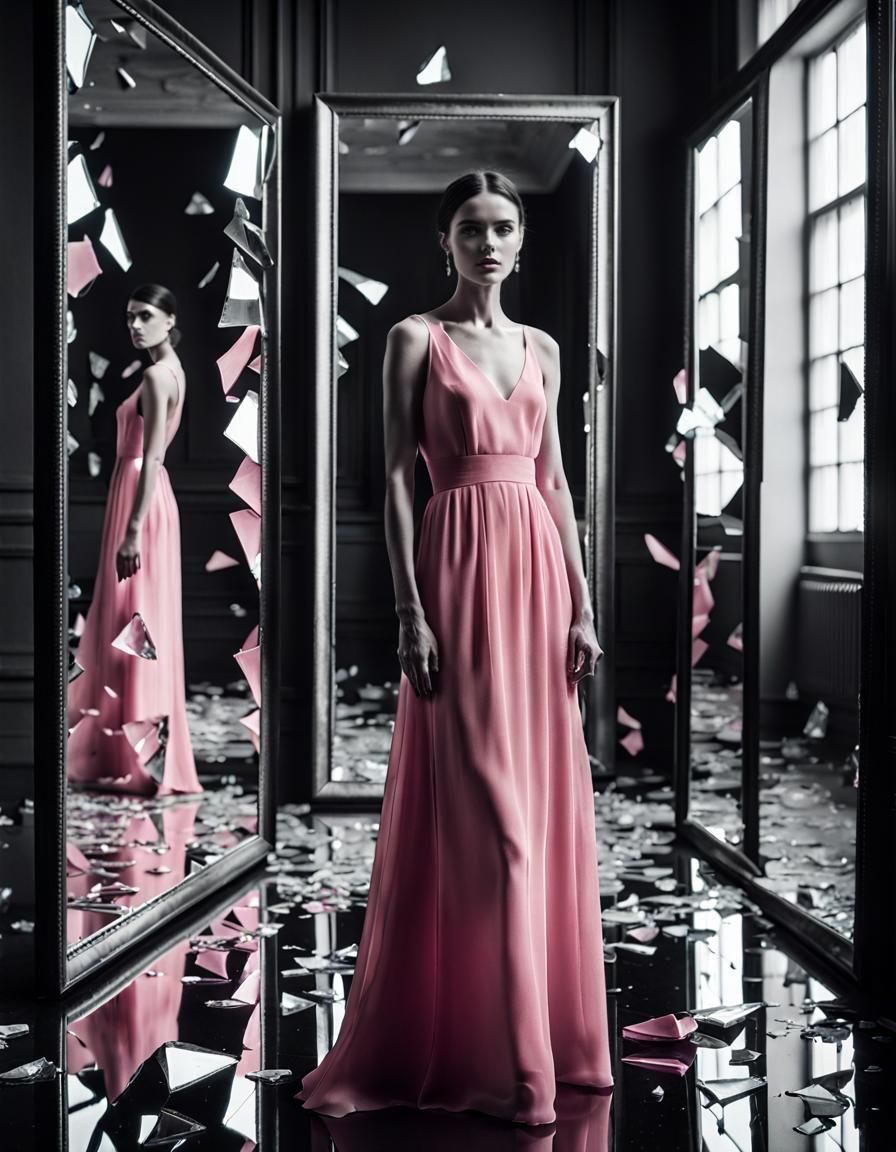 Elegant Woman in Pink Dress Amid Shattered Mirrors