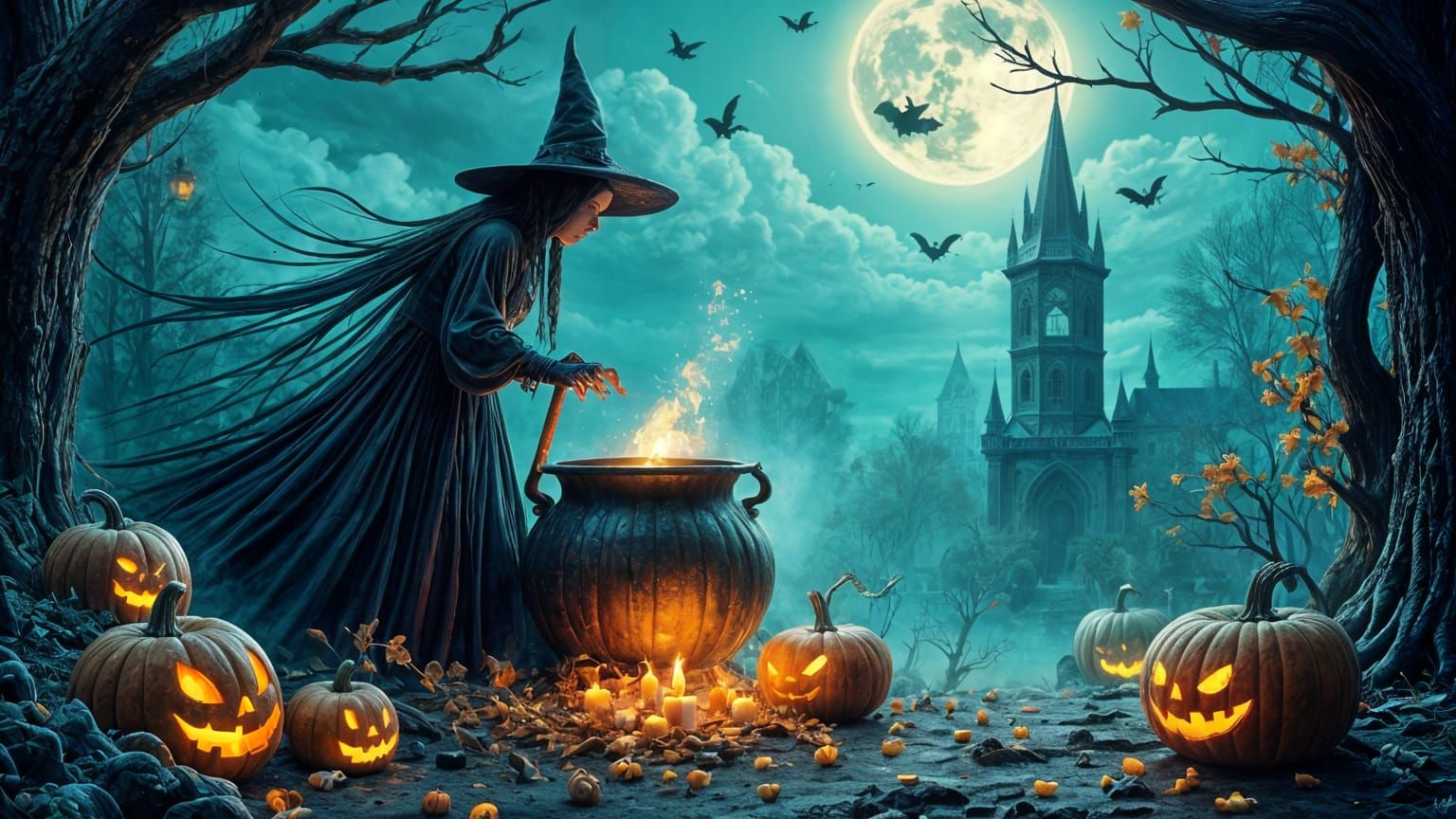 Halloween Scene with Skeletons, Pumpkins, and Witches