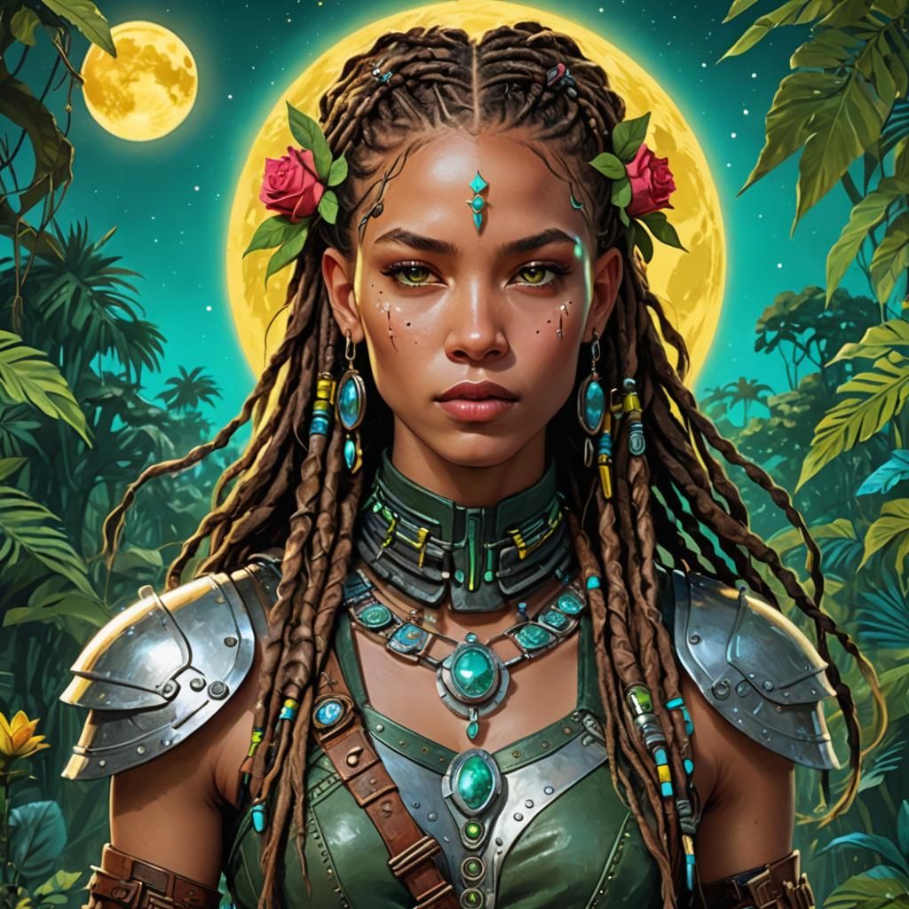 Sci-Fi Amazon Warrior with Braids and Neon Armor